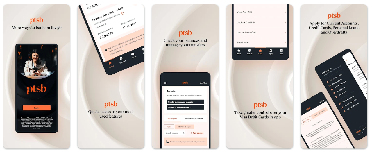 Screens featuring the PTSB app on a mobile device